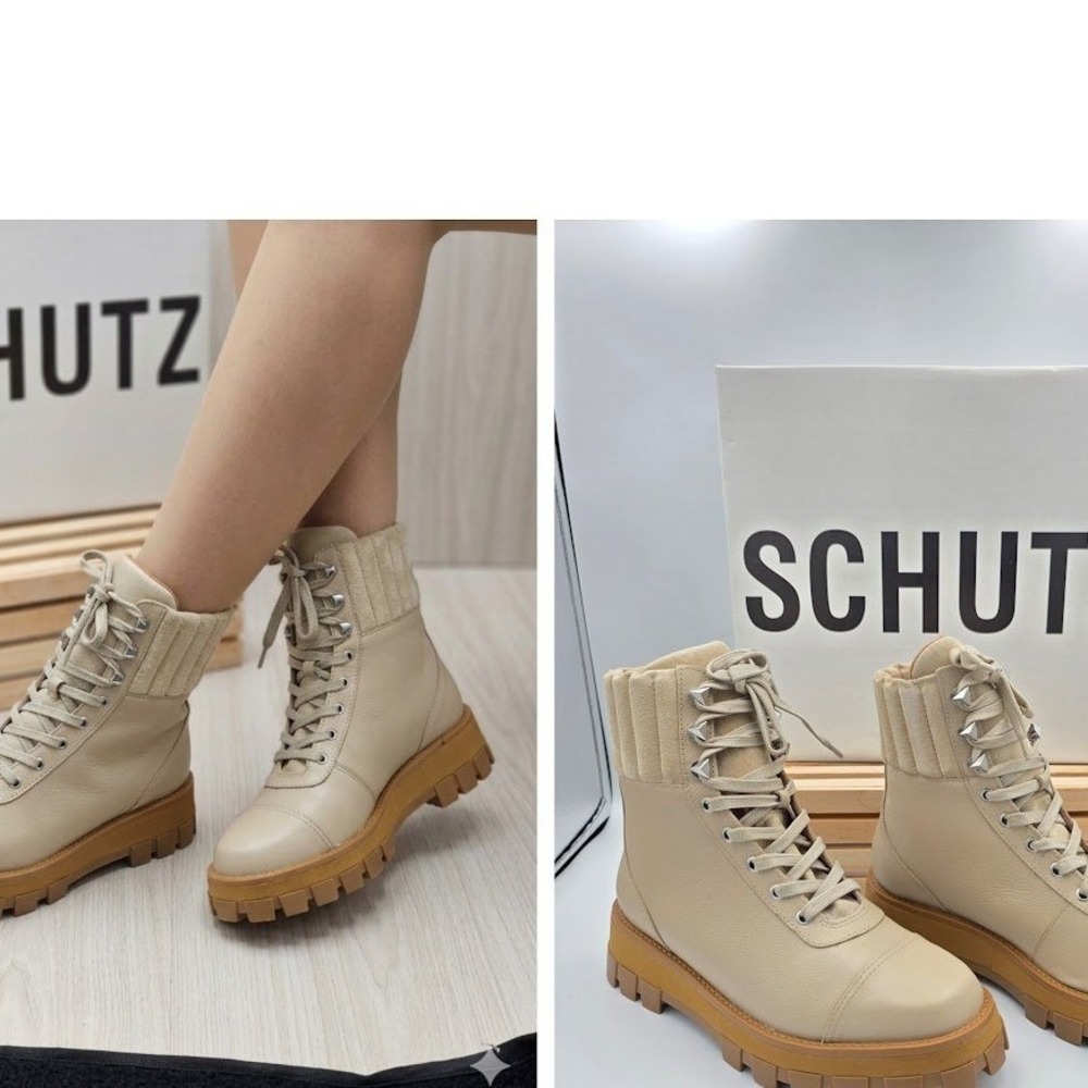 Schutz‎ Sutton Combat/ Hiker Boots Women 8.5 Beige Leather Lug Sole Moto Boots